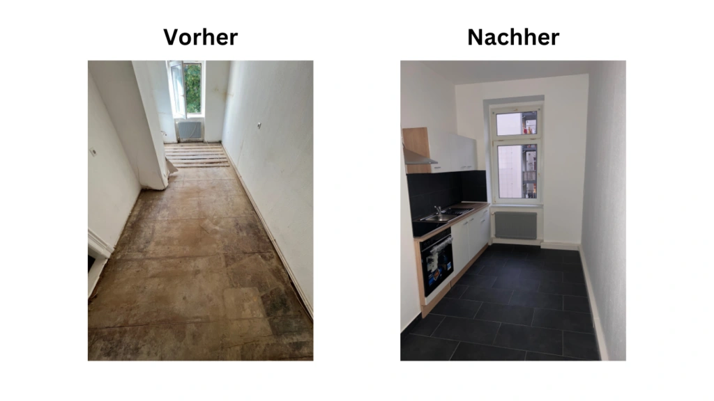 Referenzen: Vorher/Nachher Bild Küchensanierung nach Wasserschaden