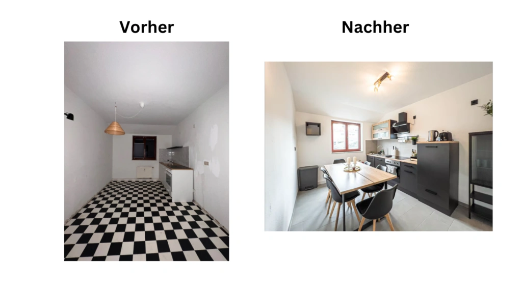 Referenzen: Vorher/Nachher-Bild Küchensanierung inkl. Möblierung