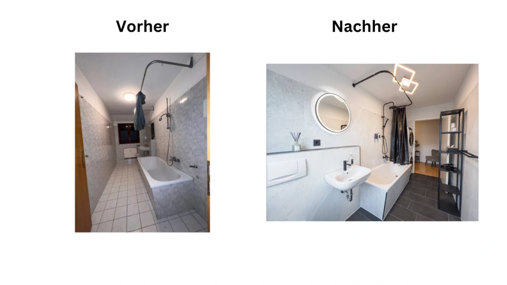 Referenzen: Vorher/Nachher-Bild Badsanierung mit Alu-Tec Verbundplatten