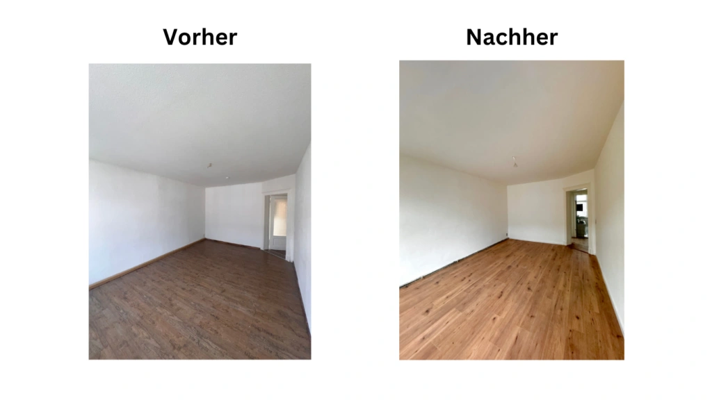 Referenzen: Vorher/Nachher-Bild Wohnungssanierung mit neuem Fußboden in Holzoptik