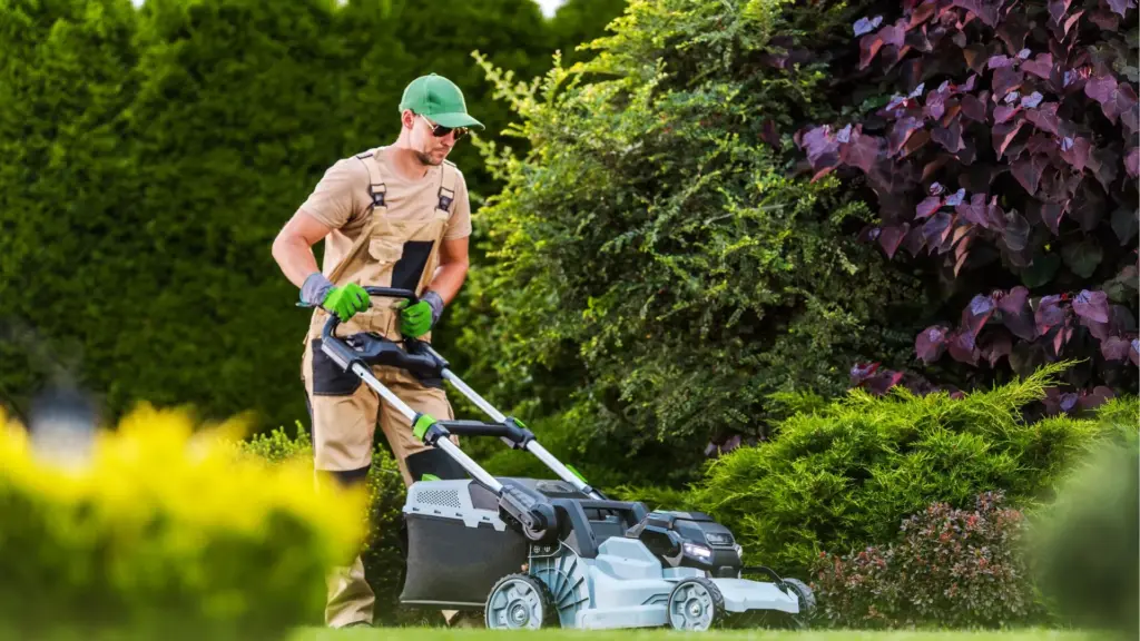 Gartenpflege/Grünschnittarbeiten: Mann mäht Rasen im Garten