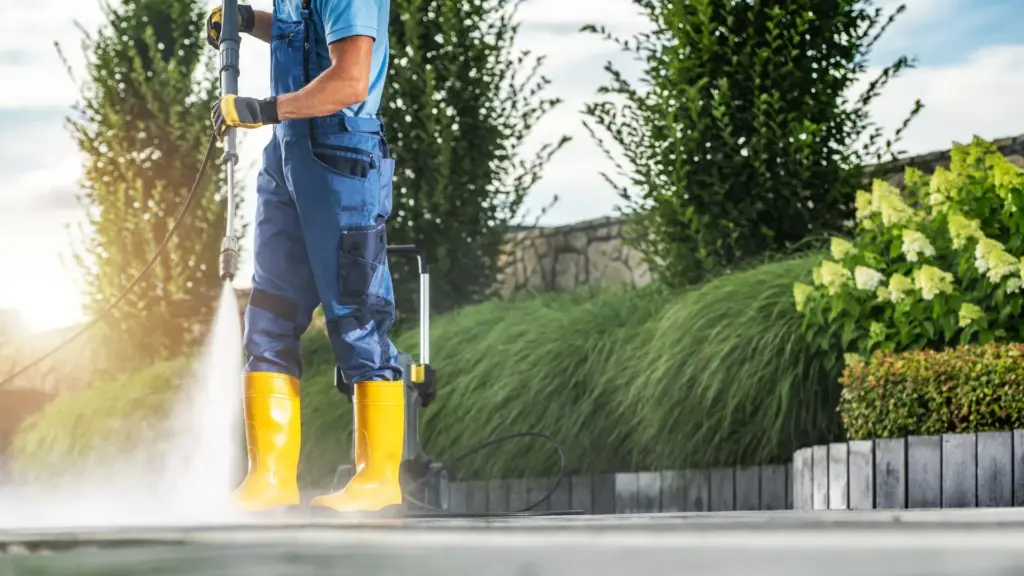 Außenreinigung: Mann mit Dampfstrahler bei der Reinigung veiner Hofeinfahrt/Terrasse
